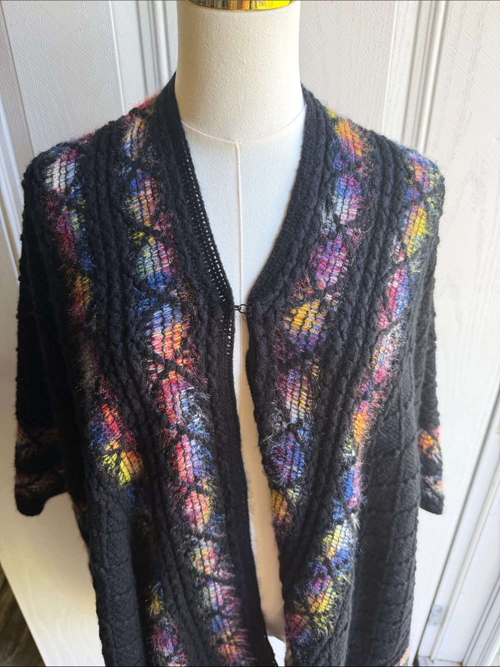 Fairycore Whimsigoth Black Open-Front Women's Knit boho rainbow Poncho - Picture 5 of 8